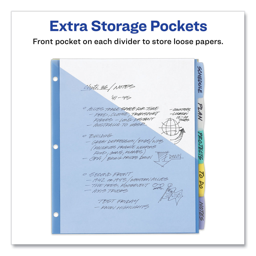 Write and Erase Durable Plastic Dividers with Slash Pocket, 3-Hold Punched, 5-Tab, 11.13 x 9.25, Assorted, 1 Set