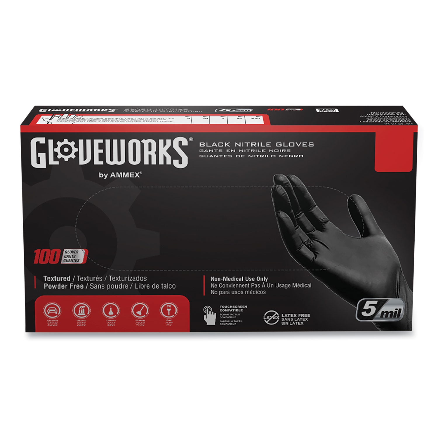 Industrial Nitrile Gloves, Powder-Free, 5 mil, Black, XX-Large, 100 Gloves/Box, 10 Boxes/Carton