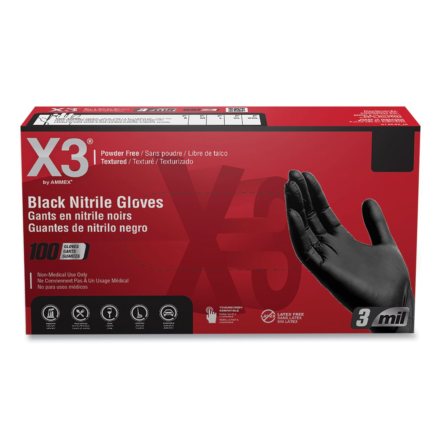 Industrial Nitrile Gloves, Powder-Free, 3 mil, Medium, Black, 100/Box, 10 Boxes/Carton