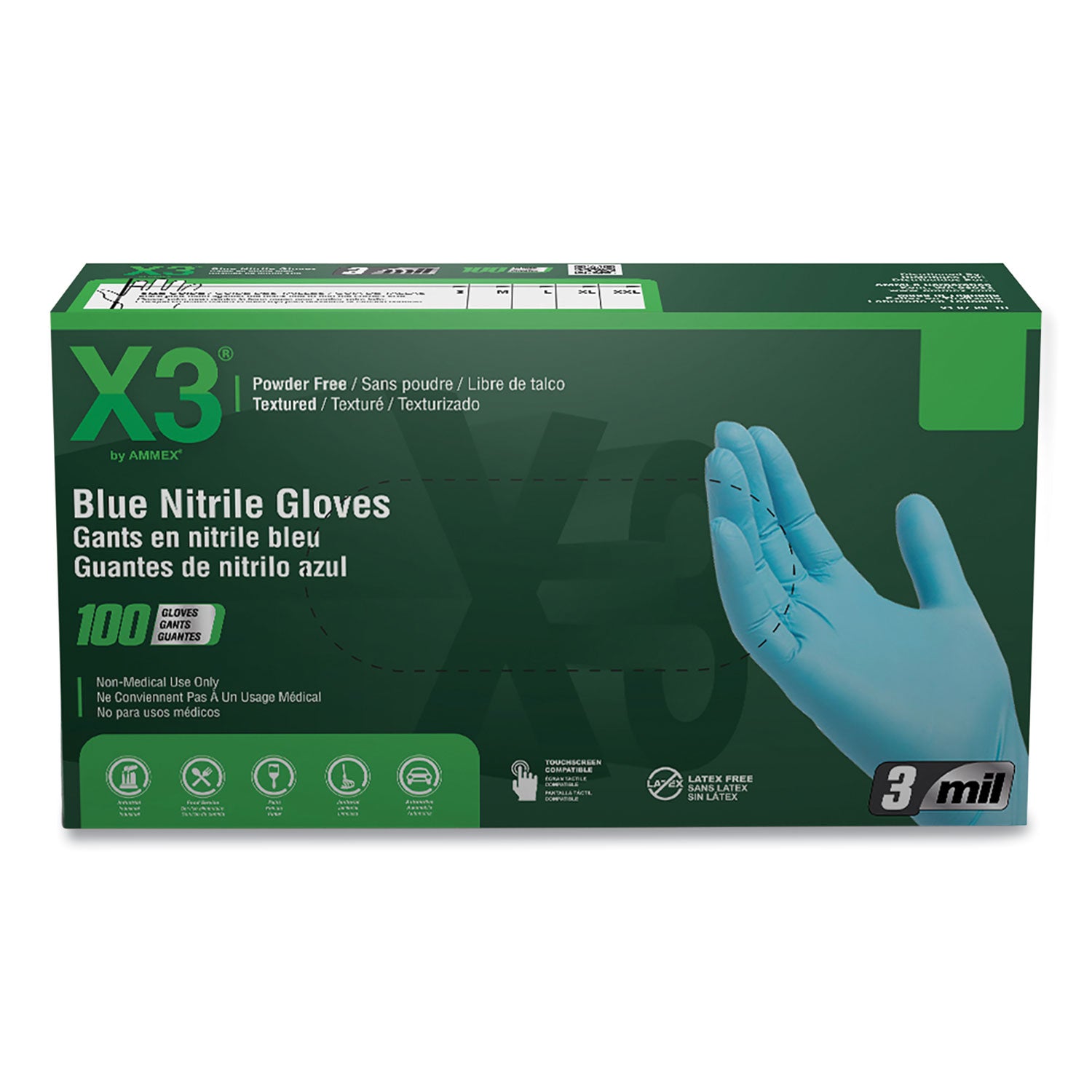 Industrial Nitrile Gloves, Powder-Free, 3 mil, Medium, Blue, 100/Box, 10 Boxes/Carton - 1