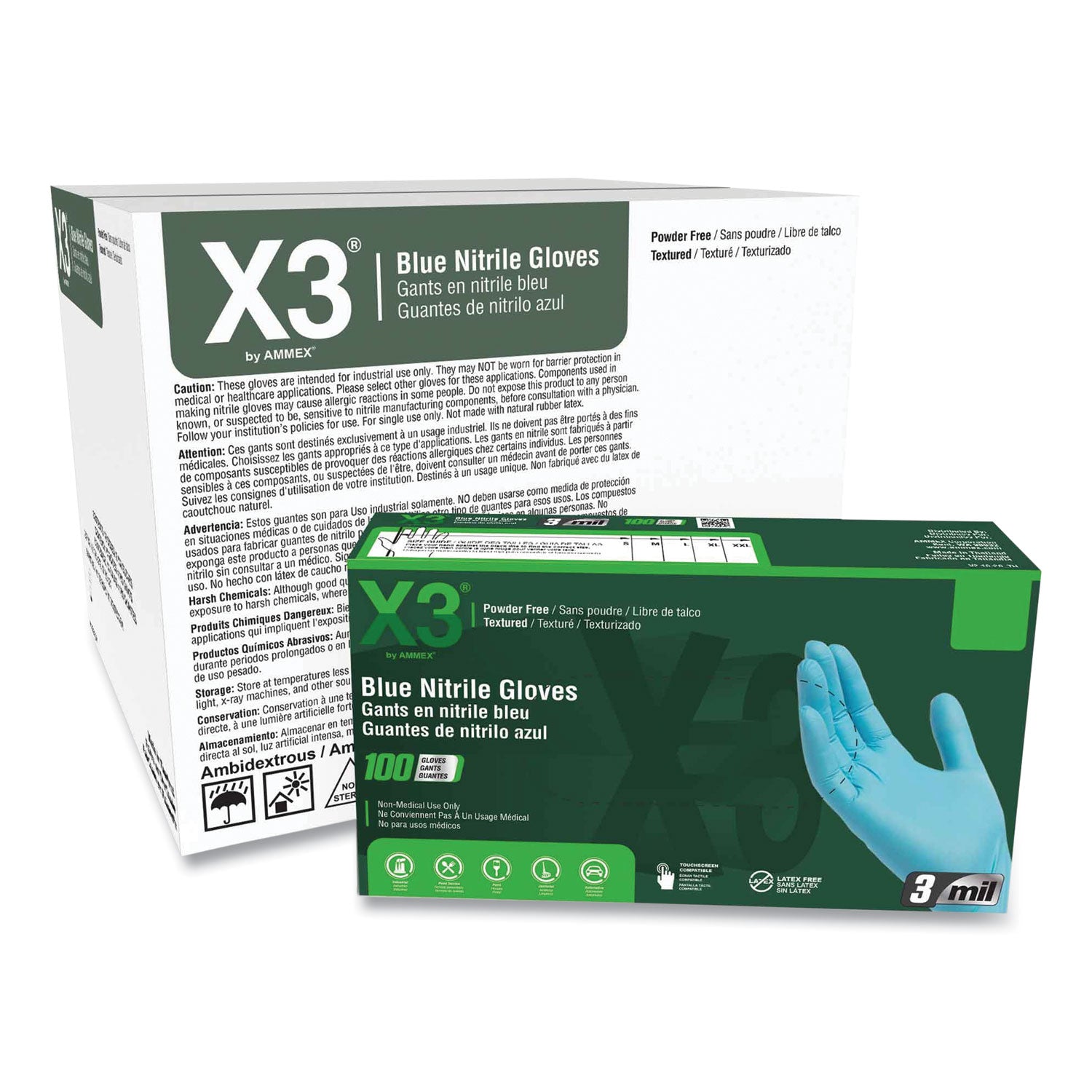 Industrial Nitrile Gloves, Powder-Free, 3 mil, Medium, Blue, 100/Box, 10 Boxes/Carton - 7