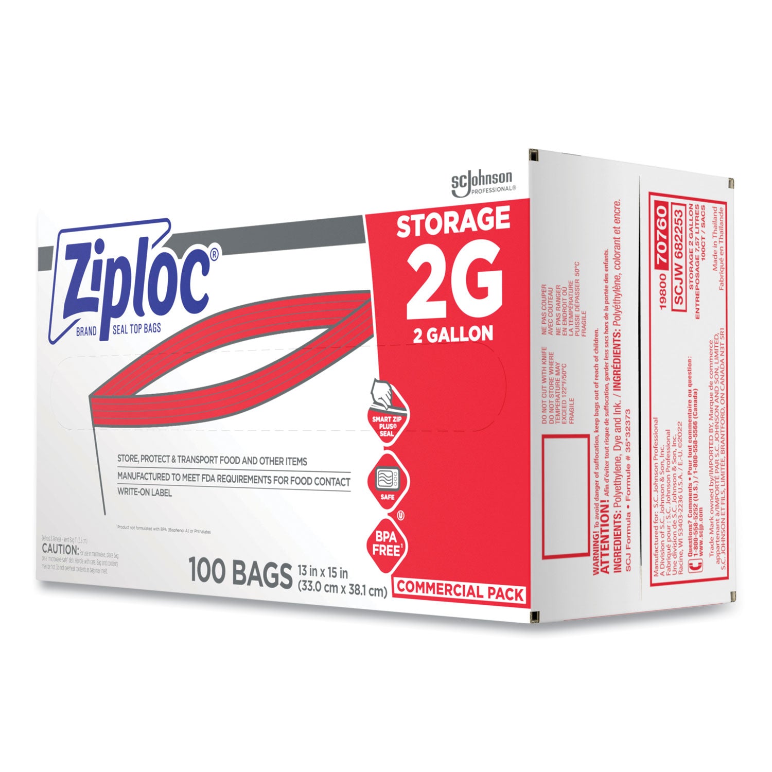 Double Zipper Storage Bags, 2 gal, 1.75 mil, 15" x 13", Clear, 100/Carton