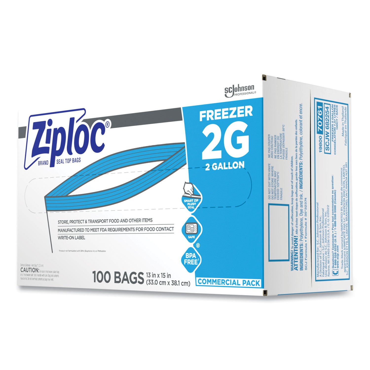 Double Zipper Freezer Bags, 2 gal, 2.7 mil, 13" x 15.5", Clear, 100/Carton