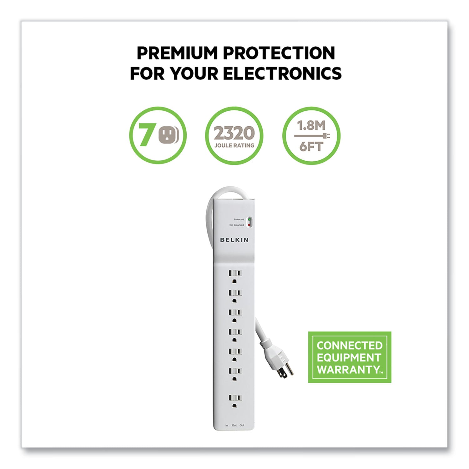 Home/Office Surge Protector, 7 AC Outlets, 6 ft Cord, 2,320 J, White - 