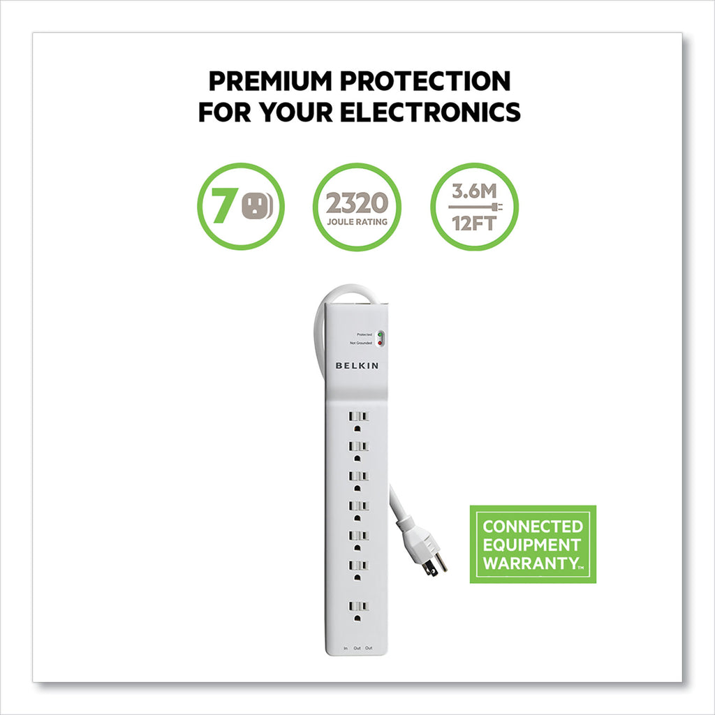 Home/Office Surge Protector, 7 AC Outlets, 12 ft Cord, 2,160 J, White - 