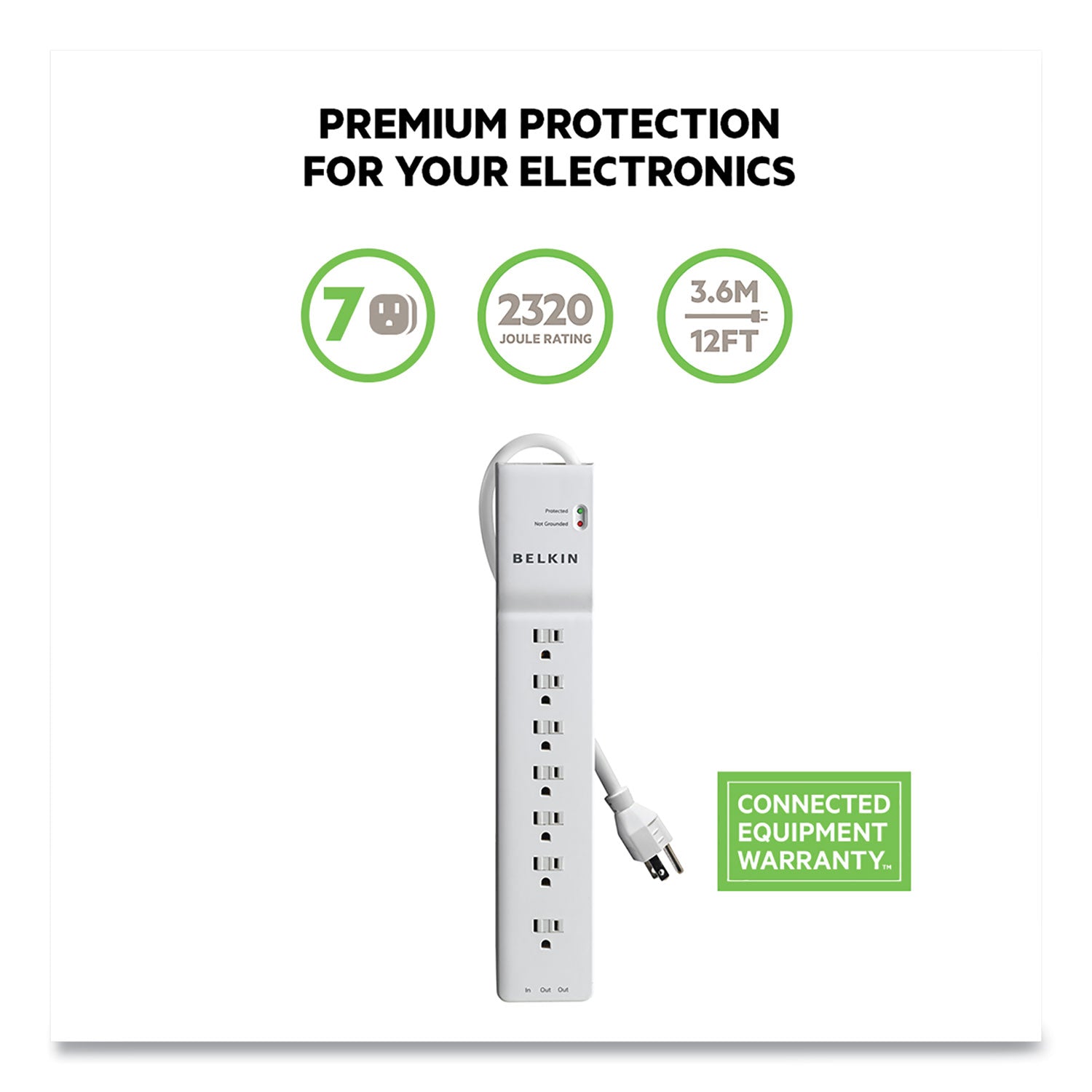 Home/Office Surge Protector, 7 AC Outlets, 12 ft Cord, 2,160 J, White - 