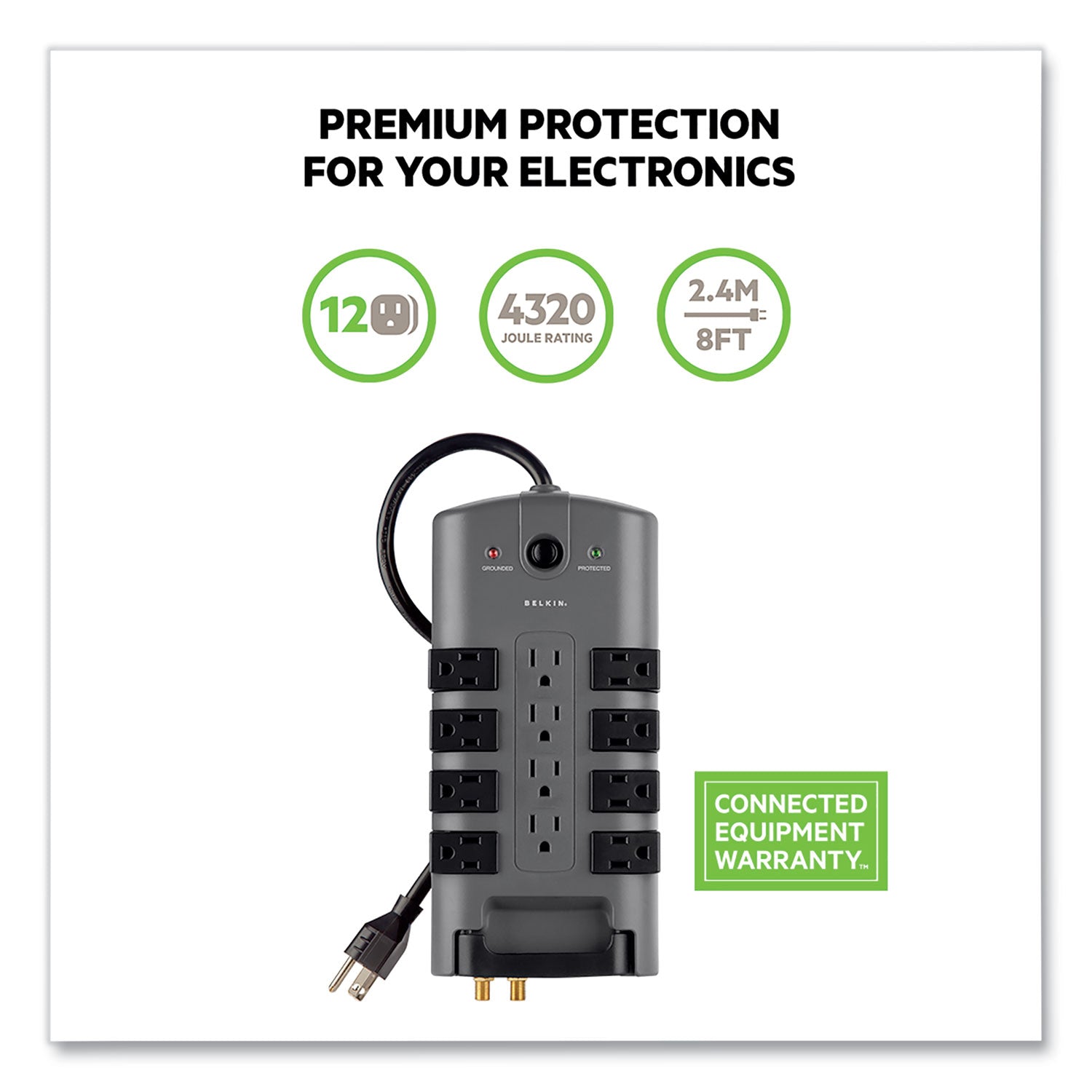 Pivot Plug Surge Protector, 12 AC Outlets, 8 ft Cord, 4,320 J, Gray - 