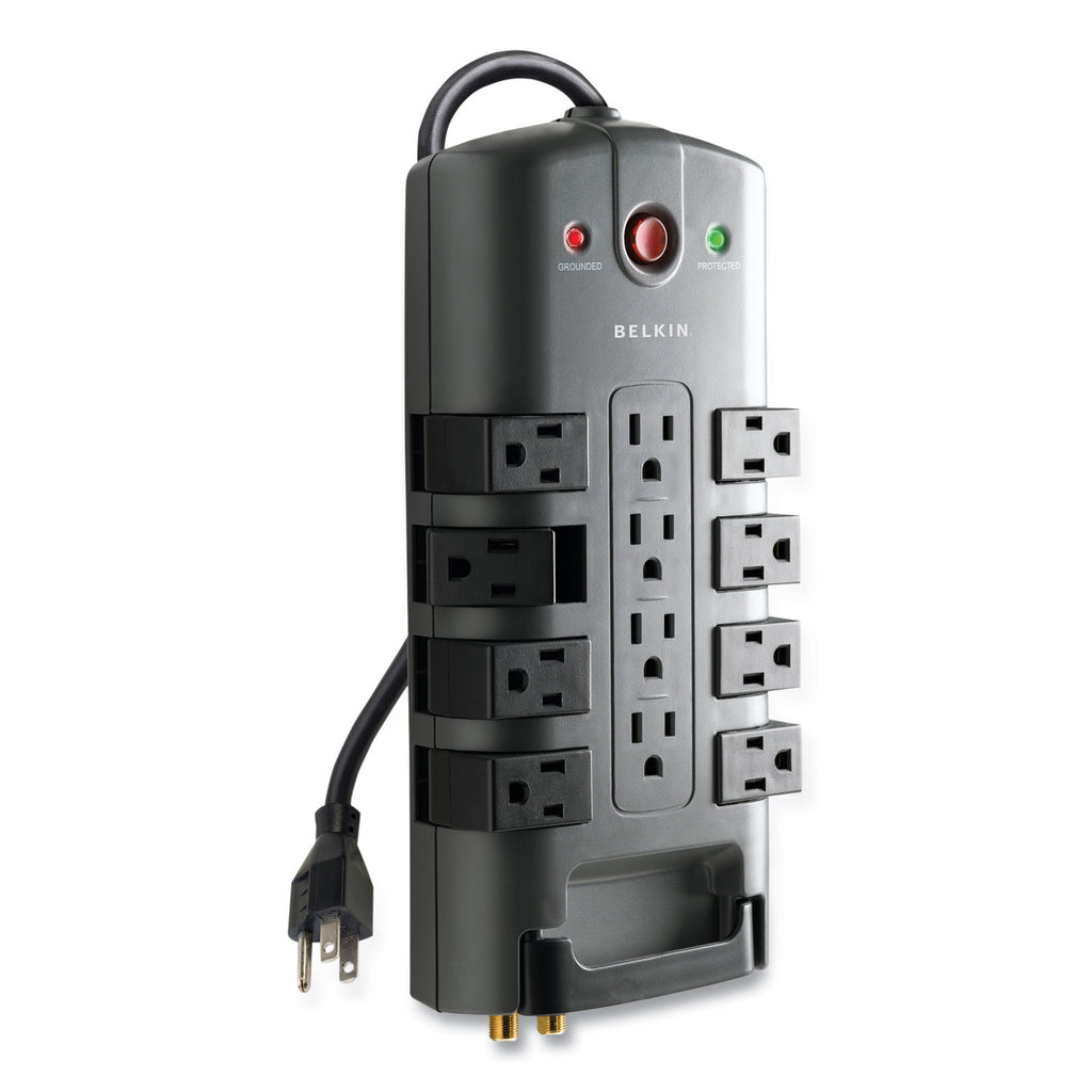 Pivot Plug Surge Protector, 12 AC Outlets, 8 ft Cord, 4,320 J, Gray - 