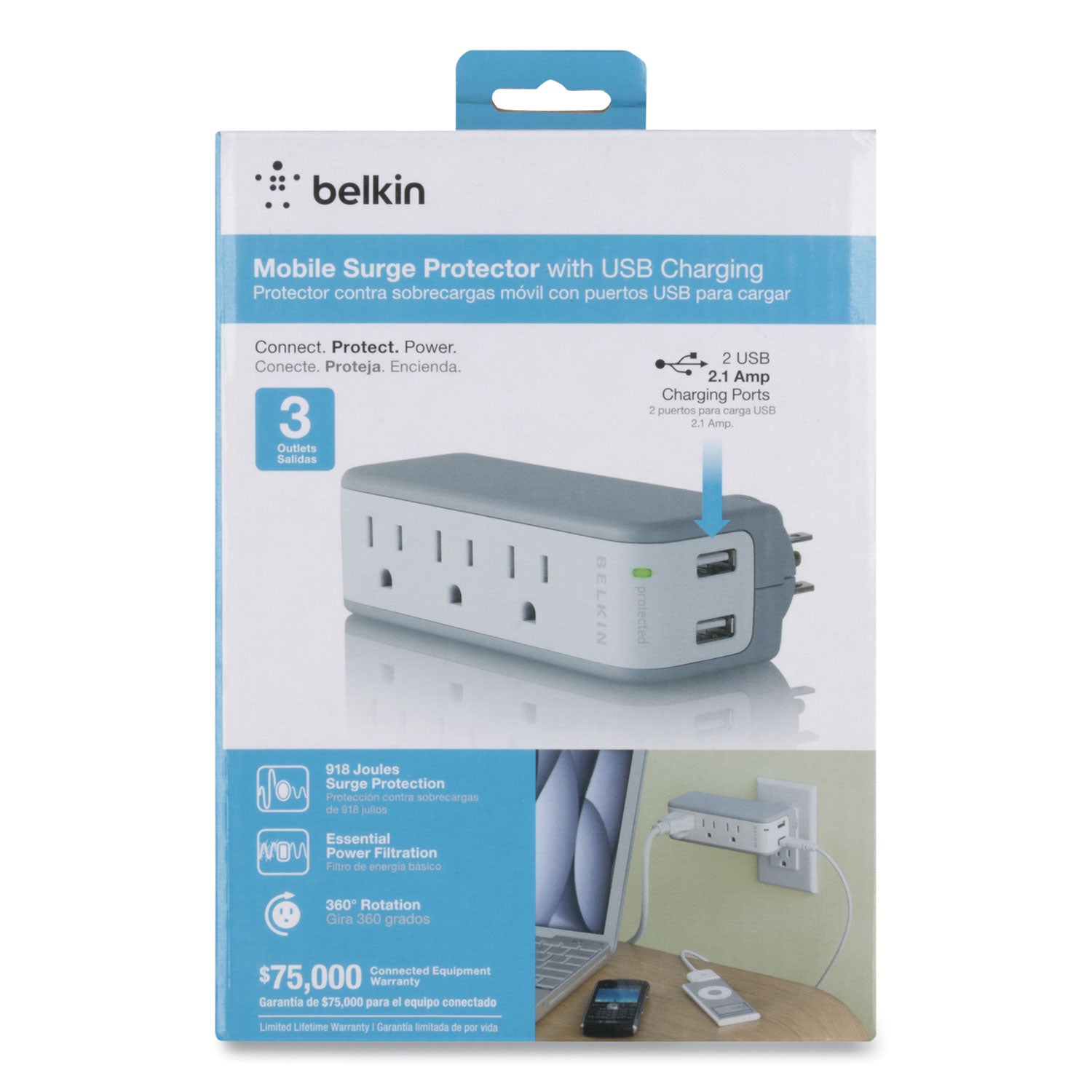 Belkin 3-Outlet Mini Surge Protector with USB Ports (2.1 AMP) - 3 x NEMA 5-15R, 2 x USB - 918 J - 120 V AC Input - 120 V AC, 5 V DC Output - 36 kA - External - 4