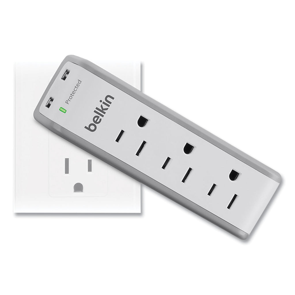 Belkin 3-Outlet Mini Surge Protector with USB Ports (2.1 AMP) - 3 x NEMA 5-15R, 2 x USB - 918 J - 120 V AC Input - 120 V AC, 5 V DC Output - 36 kA - External - 5