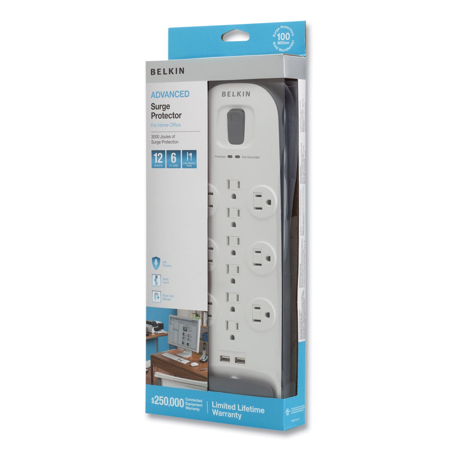 Home/Office Surge Protector, 12 AC Outlets, 6 ft Cord, 3,996 J, White/Black - 