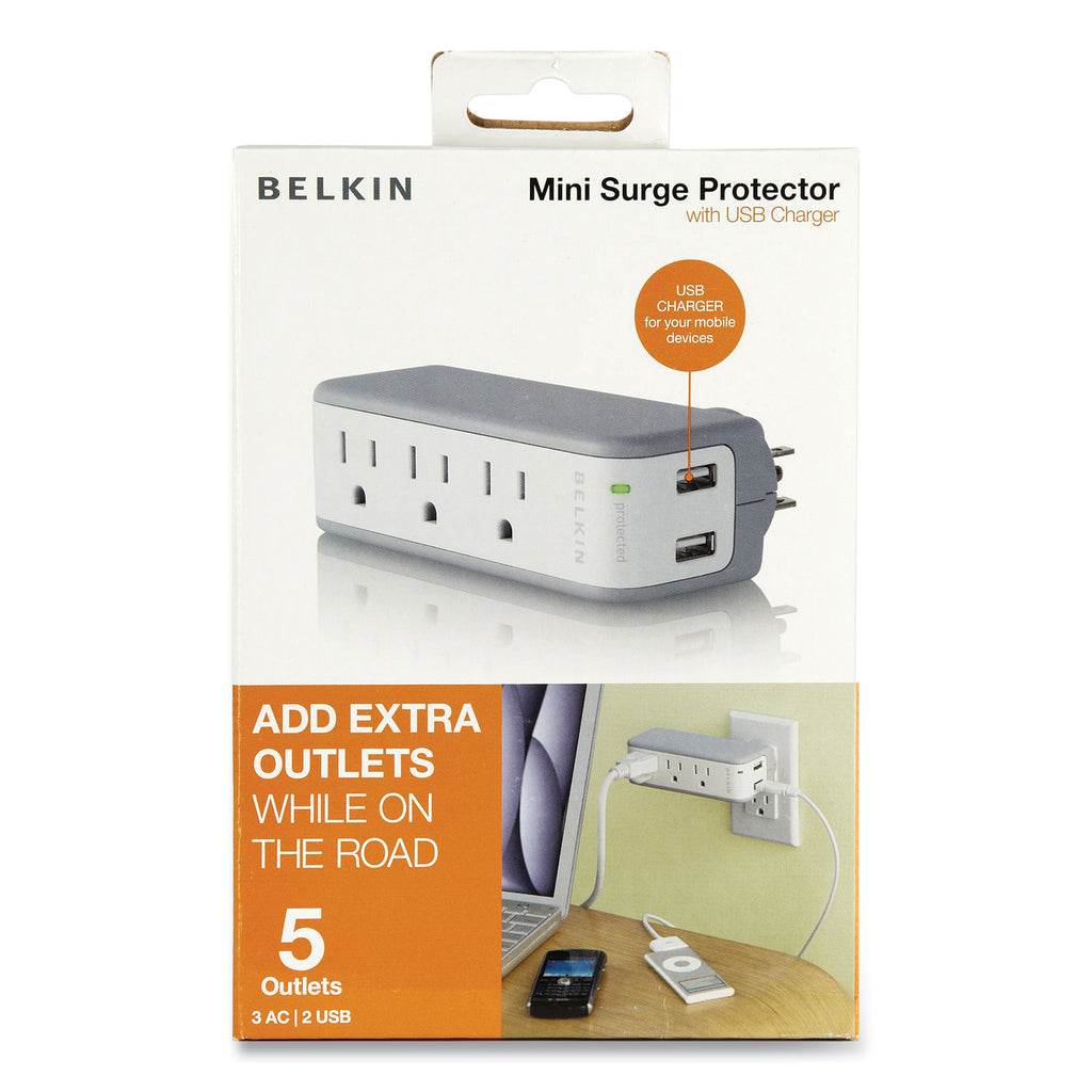 Wall Mount Surge Protector, 3 AC Outlets/2 USB Ports, 918 J, Gray/White - 