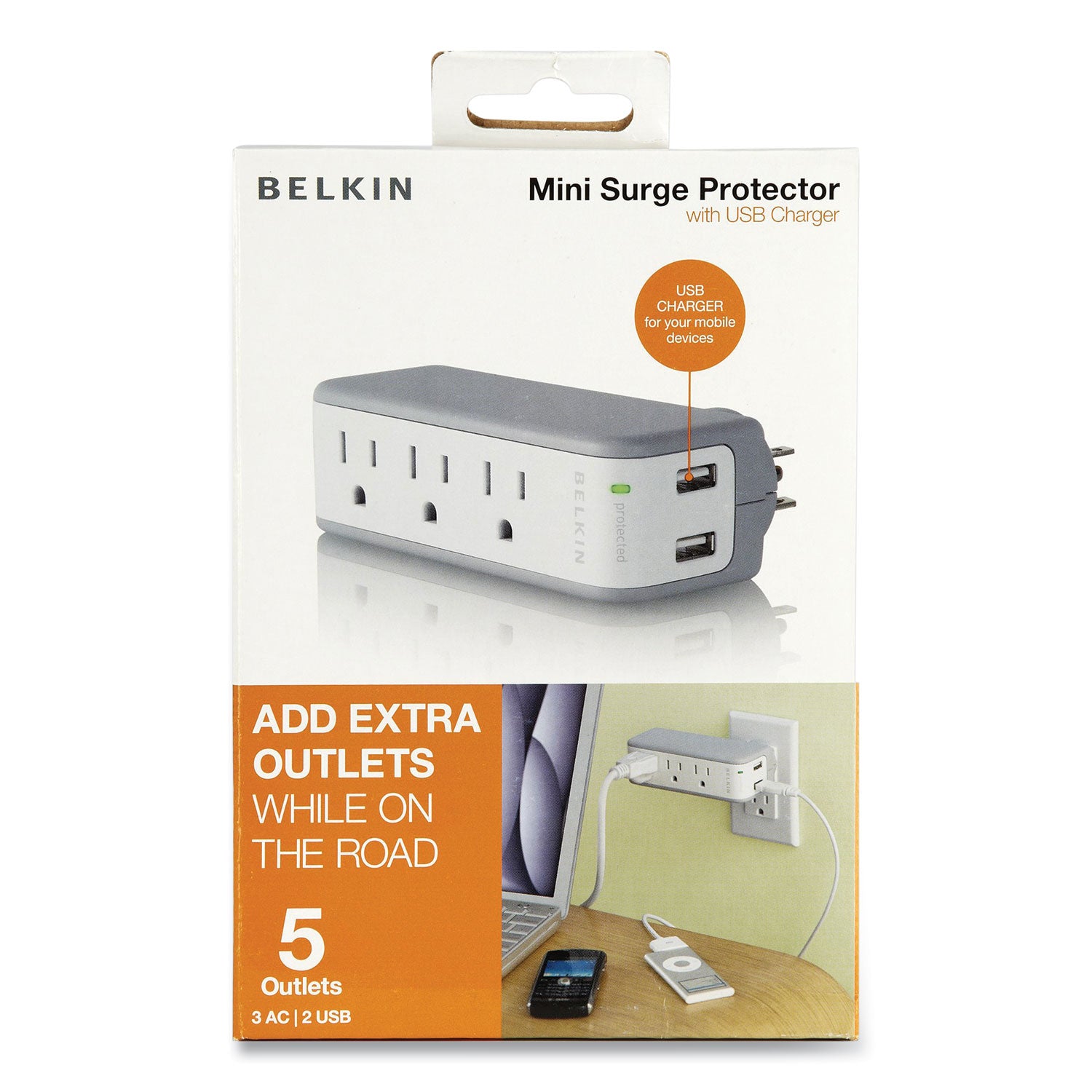 Wall Mount Surge Protector, 3 AC Outlets/2 USB Ports, 918 J, Gray/White - 