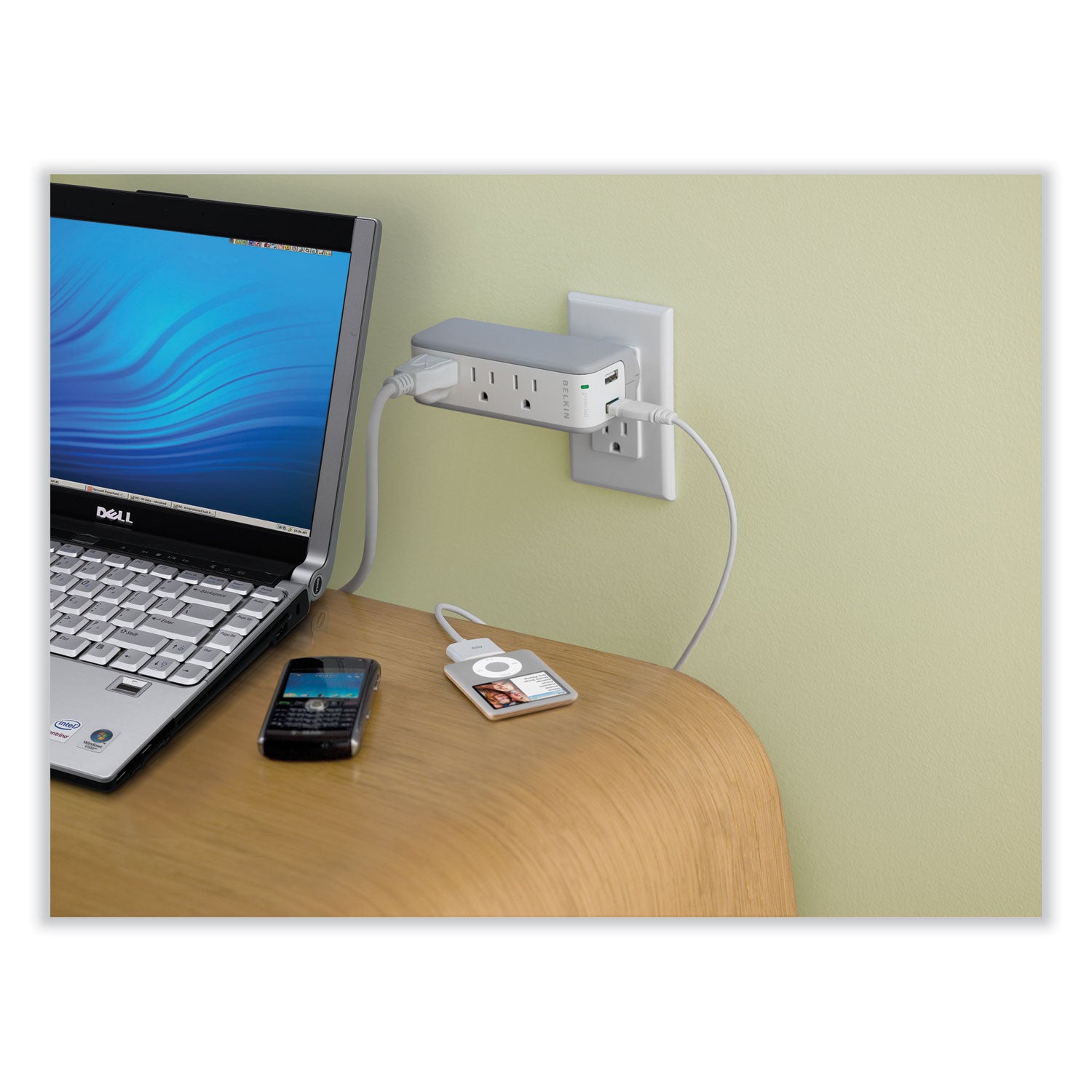 Wall Mount Surge Protector, 3 AC Outlets/2 USB Ports, 918 J, Gray/White - 