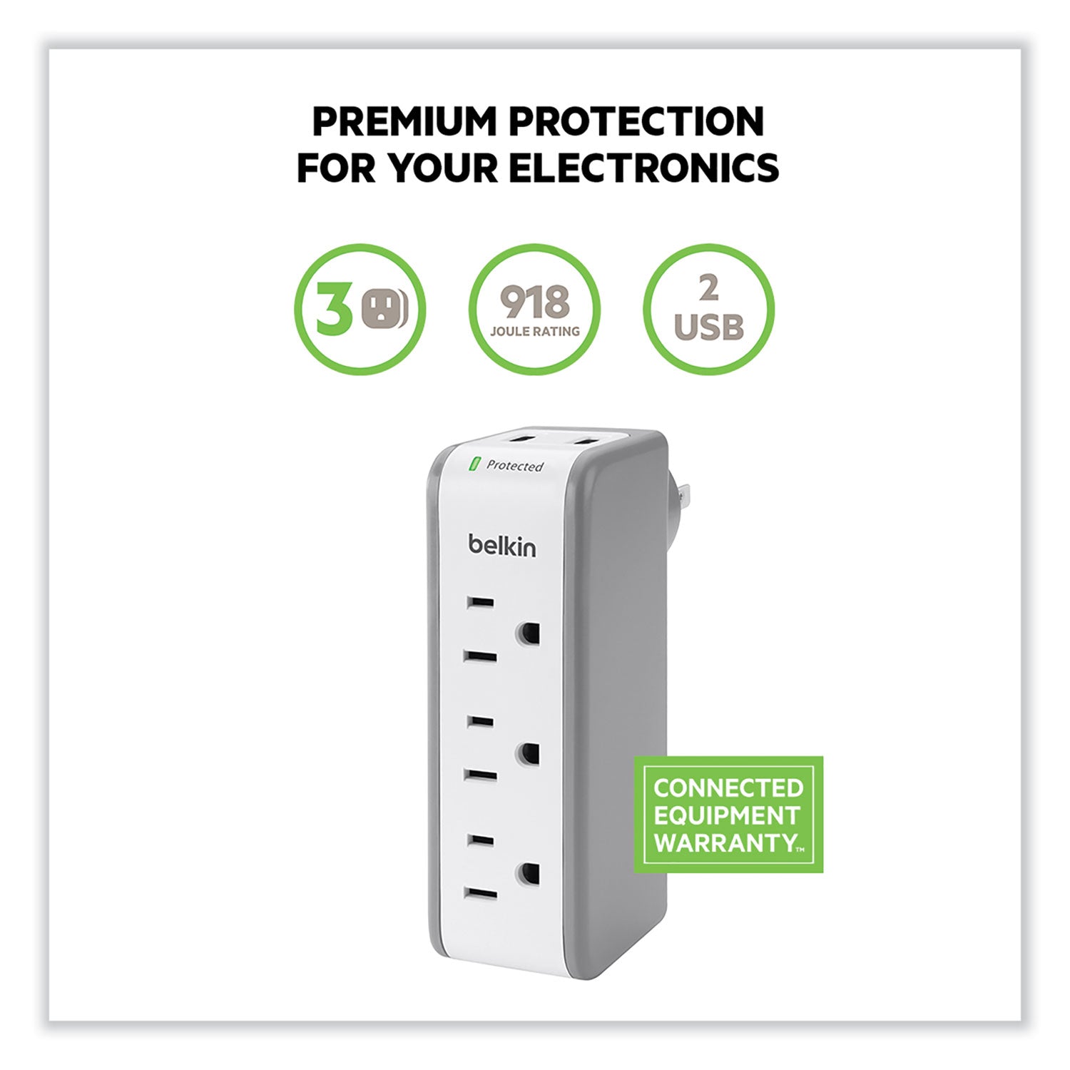 Wall Mount Surge Protector, 3 AC Outlets/2 USB Ports, 918 J, Gray/White - 