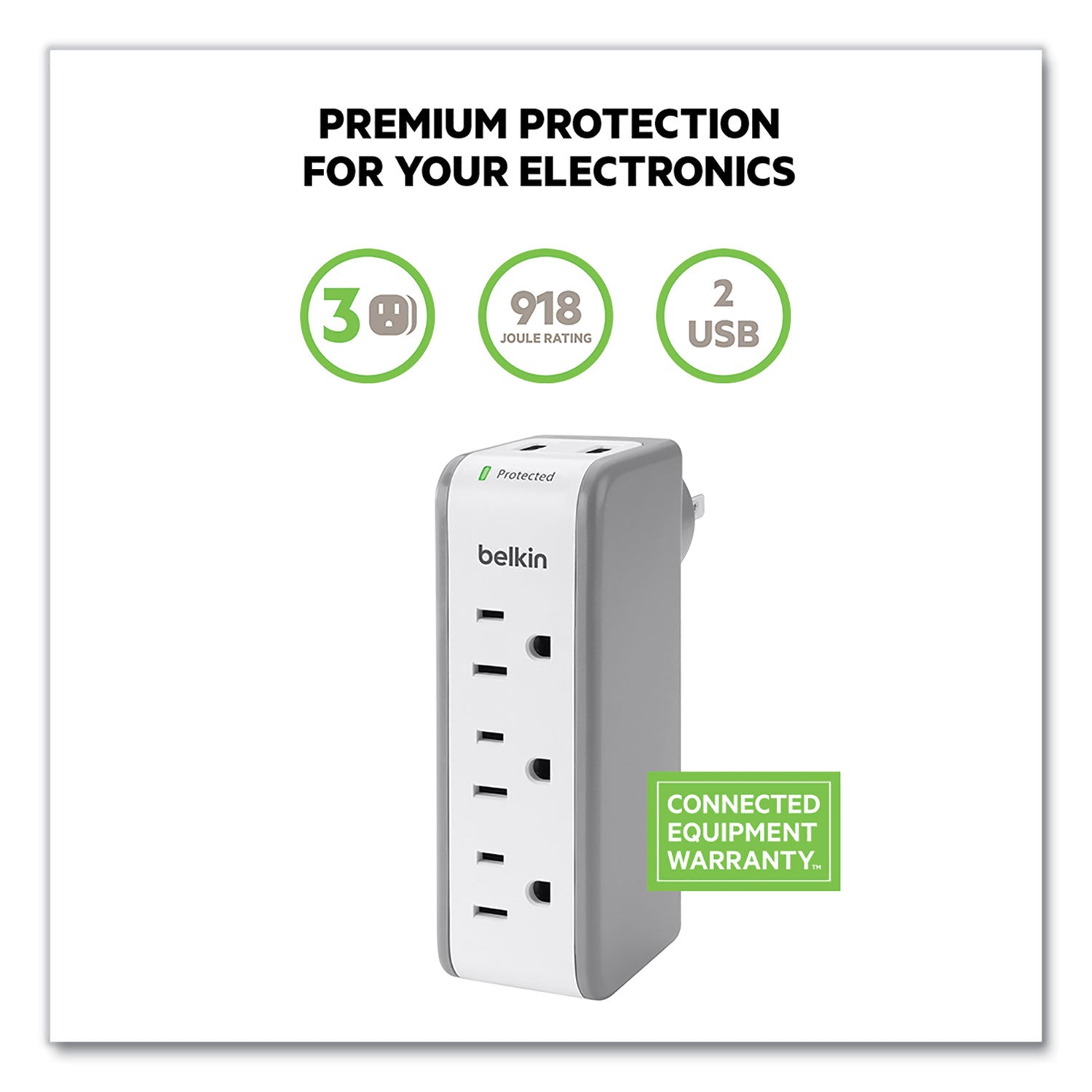 Wall Mount Surge Protector, 3 AC Outlets/2 USB Ports, 918 J, Gray/White - 