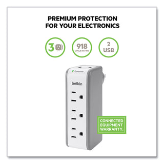 Wall Mount Surge Protector, 3 AC Outlets/2 USB Ports, 918 J, Gray/White - 