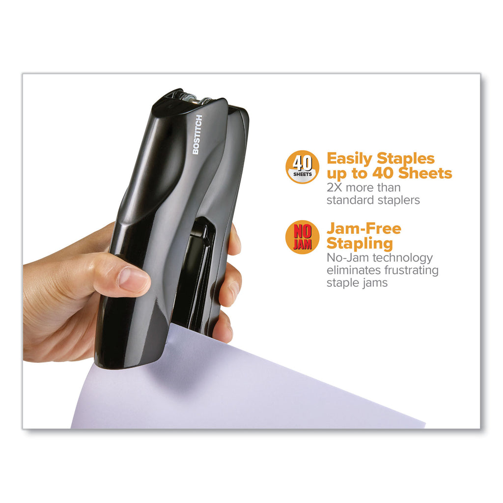 Bostitch Antimicrobial Flat Clinch Stapler - 40 Sheets Capacity - 210 Staple Capacity - Full Strip - 1 Each - Black