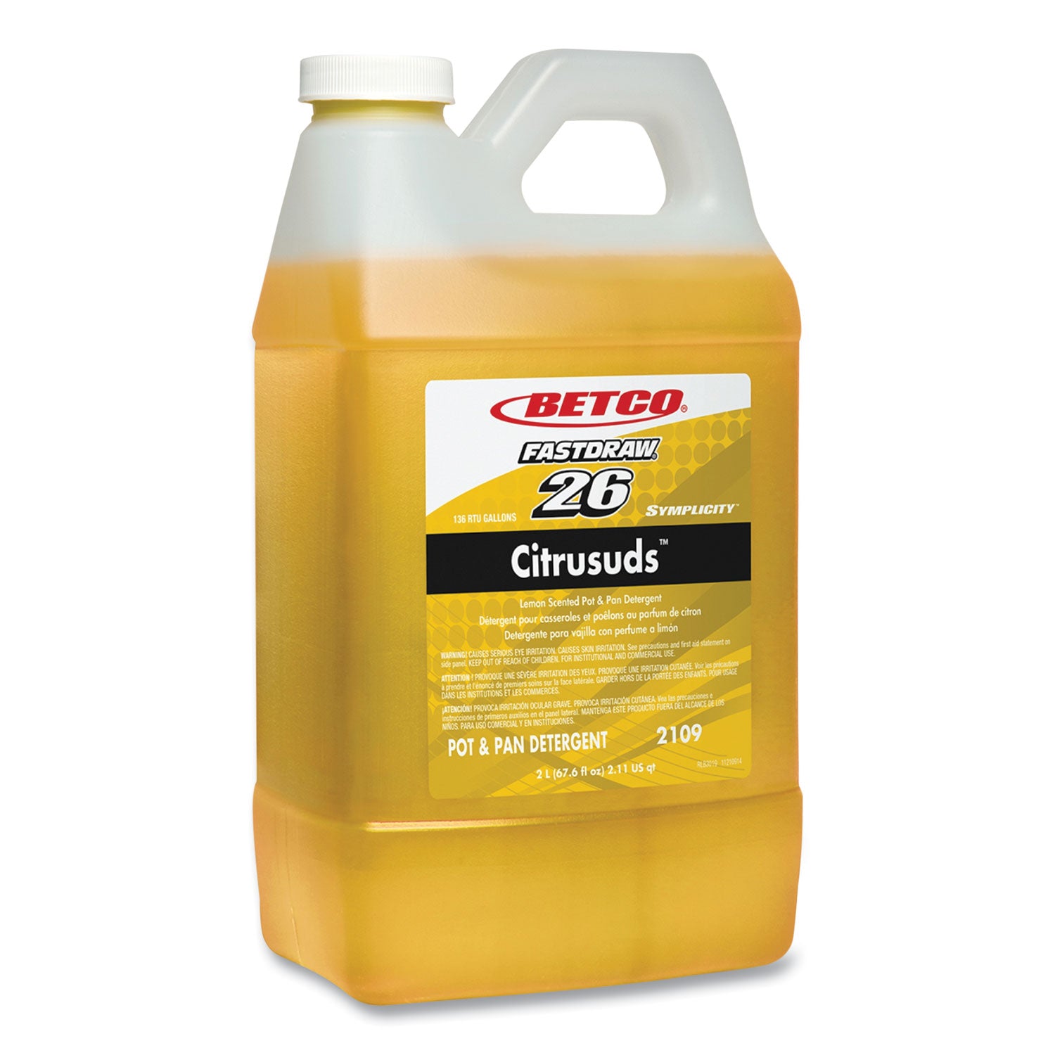 Betco Symplicity Citrusuds Pot/Pan Detergent - FASTDRAW 26 - Concentrate - 67.6 fl oz (2.1 quart) - Lemon Scent - 1 Each - Heavy Duty, Long Lasting, Spill Proof, Phosphate-free - Yellow - 1