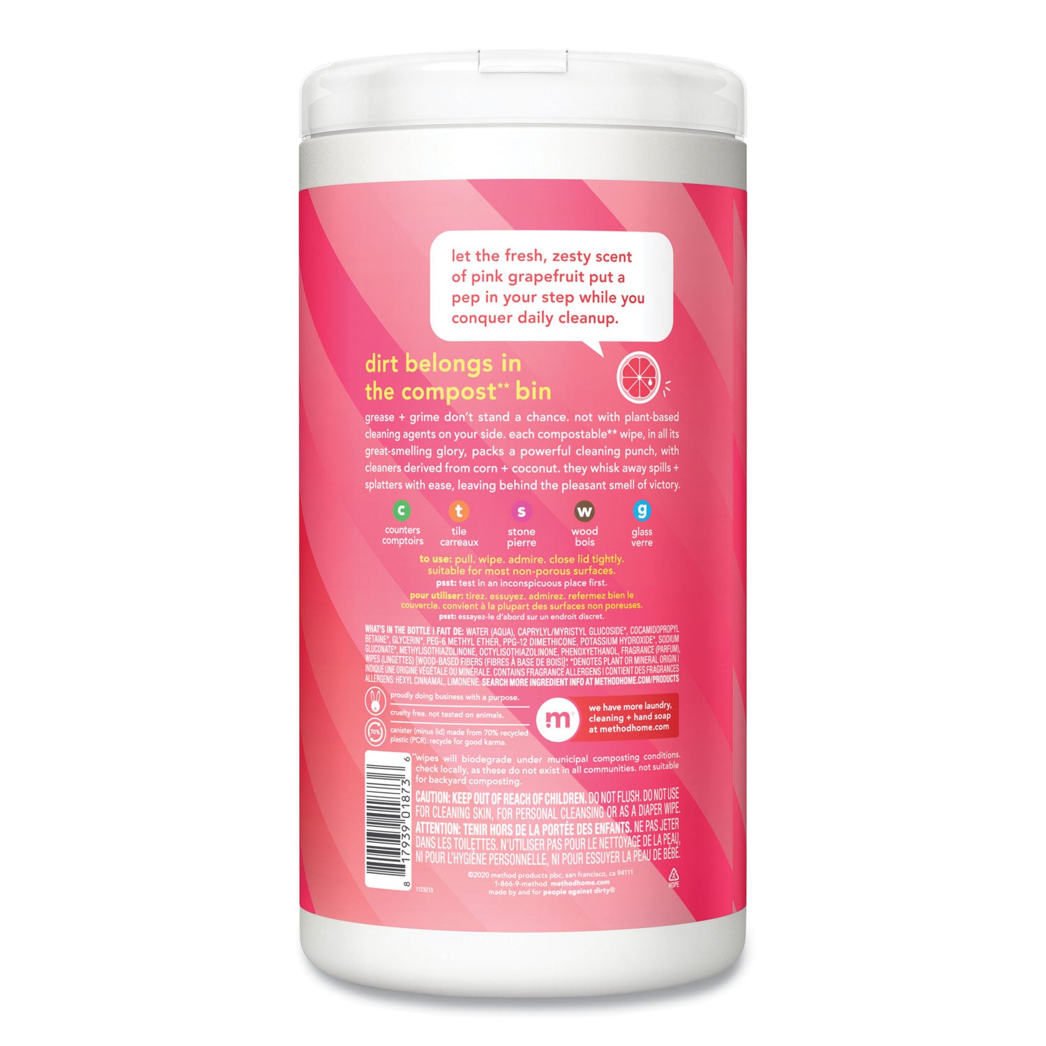 All Purpose Cleaning Wipes, 1 Ply, Pink Grapefruit, White, 70/Canister, 6/Carton