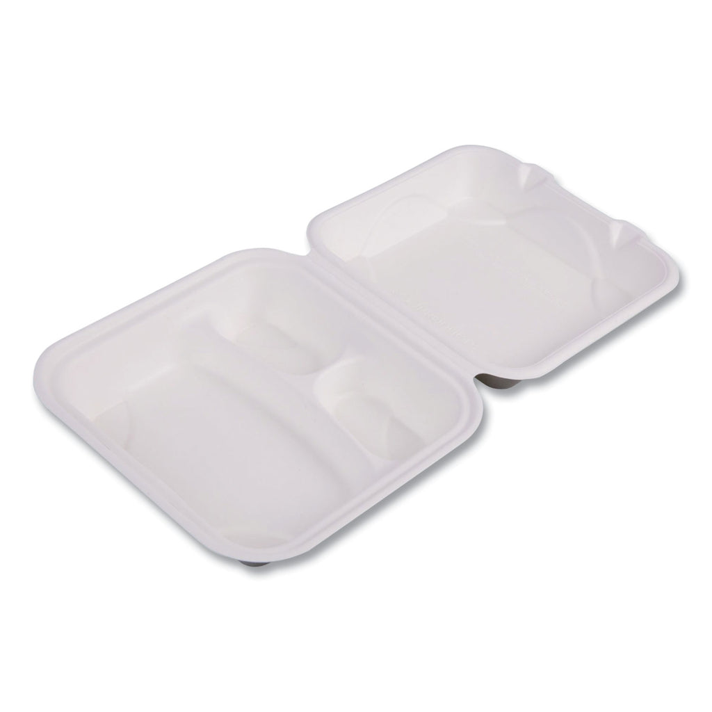 Renewable and Compostable Sugarcane Clamshells, 3-Compartment, 8 x 8 x 3, White, 50/Pack, 4 Packs/Carton