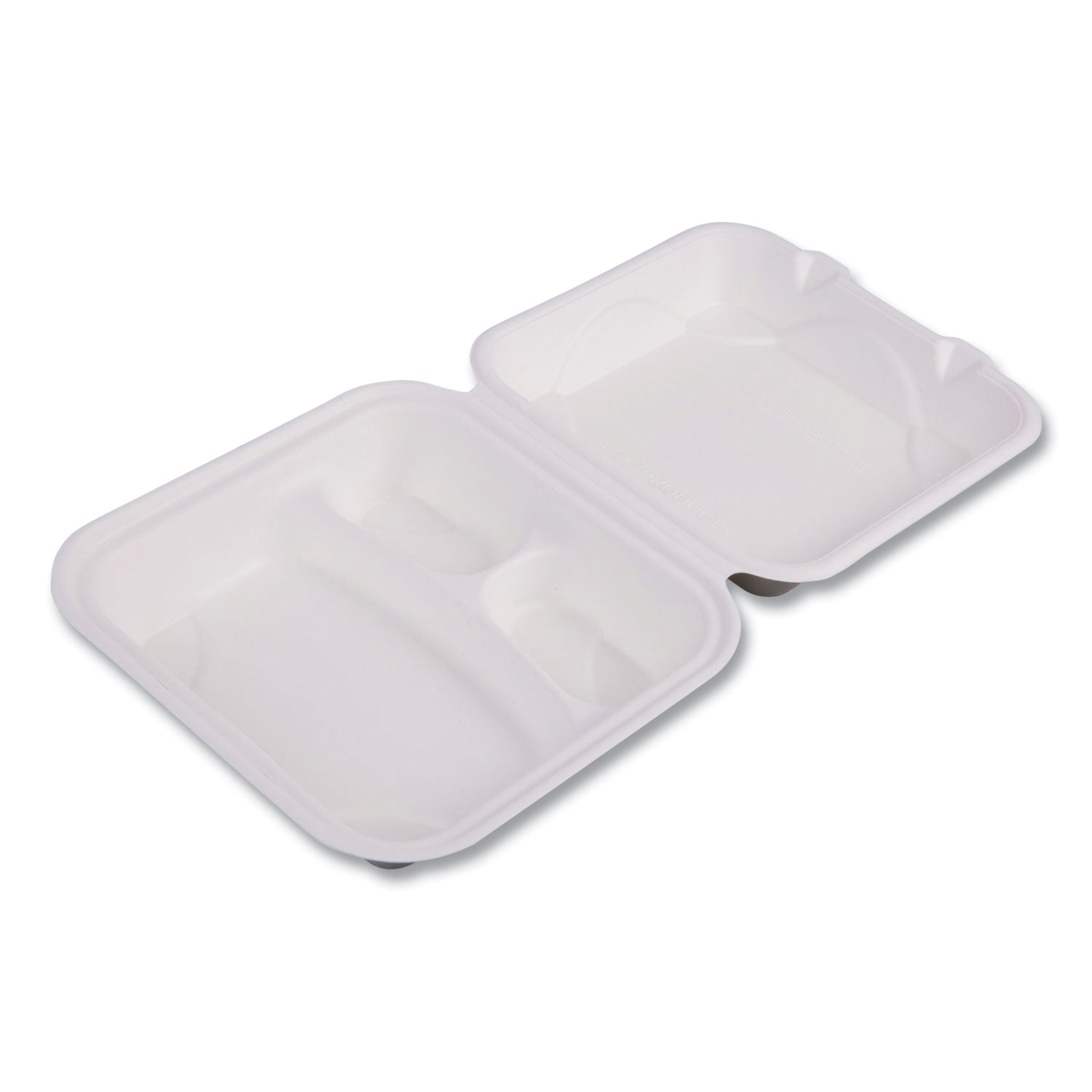 Renewable and Compostable Sugarcane Clamshells, 3-Compartment, 8 x 8 x 3, White, 50/Pack, 4 Packs/Carton