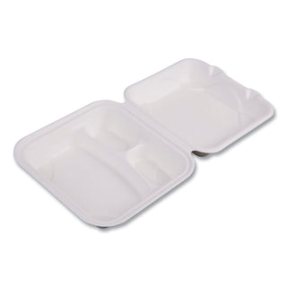 Renewable and Compostable Sugarcane Clamshells, 3-Compartment, 8 x 8 x 3, White, 50/Pack, 4 Packs/Carton