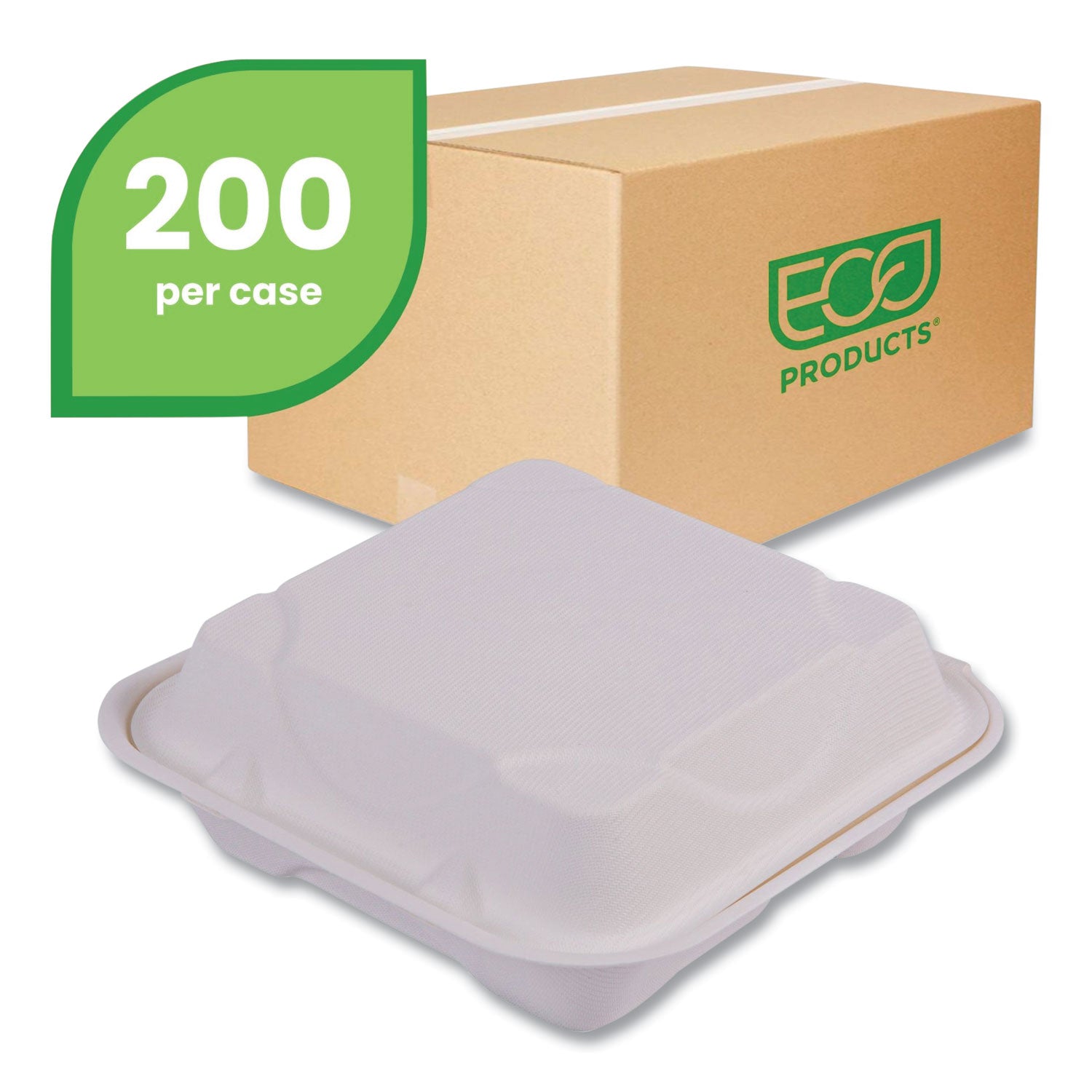 Renewable and Compostable Sugarcane Clamshells, 3-Compartment, 8 x 8 x 3, White, 50/Pack, 4 Packs/Carton