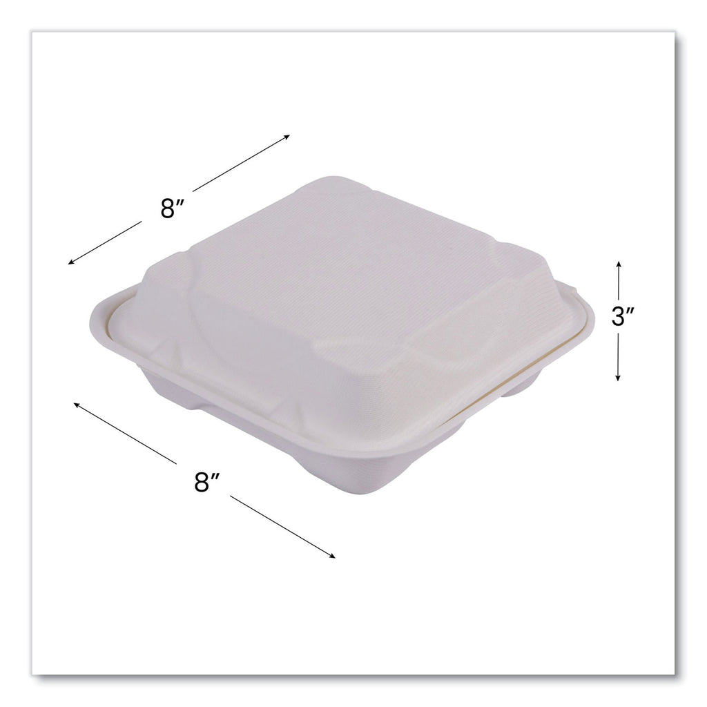 Renewable and Compostable Sugarcane Clamshells, 3-Compartment, 8 x 8 x 3, White, 50/Pack, 4 Packs/Carton