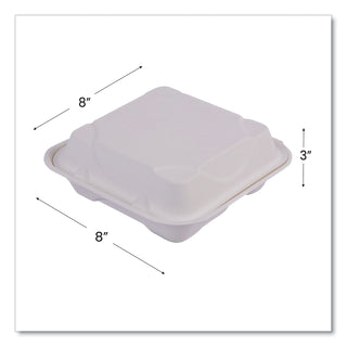 Renewable and Compostable Sugarcane Clamshells, 3-Compartment, 8 x 8 x 3, White, 50/Pack, 4 Packs/Carton
