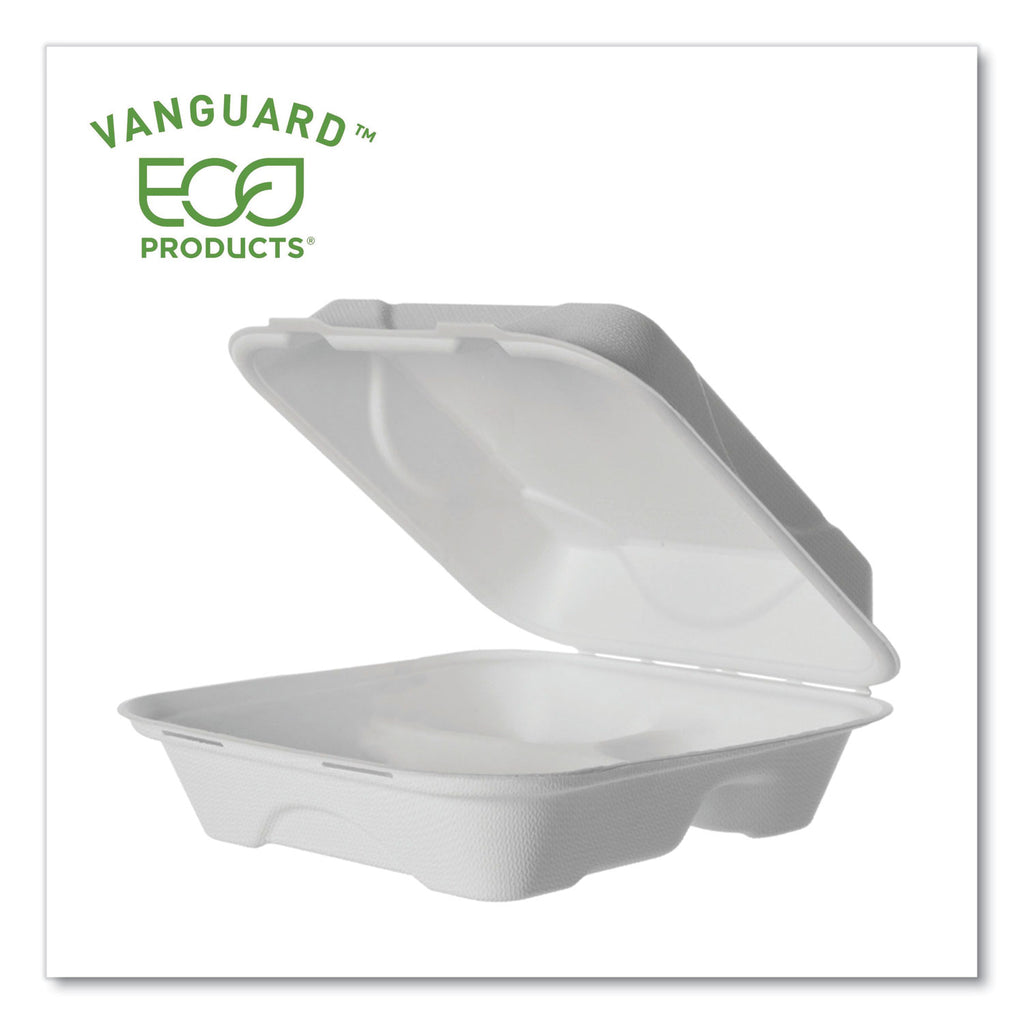 Renewable and Compostable Sugarcane Clamshells, 3-Compartment, 8 x 8 x 3, White, 50/Pack, 4 Packs/Carton