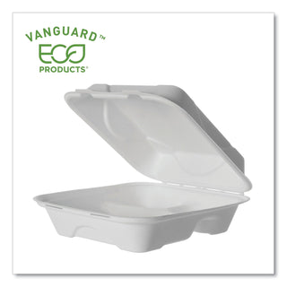 Renewable and Compostable Sugarcane Clamshells, 3-Compartment, 8 x 8 x 3, White, 50/Pack, 4 Packs/Carton
