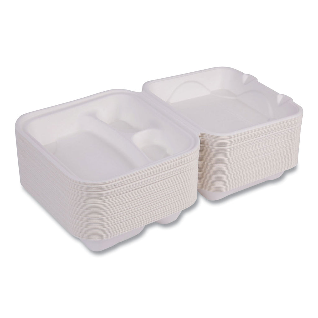Renewable and Compostable Sugarcane Clamshells, 3-Compartment, 8 x 8 x 3, White, 50/Pack, 4 Packs/Carton