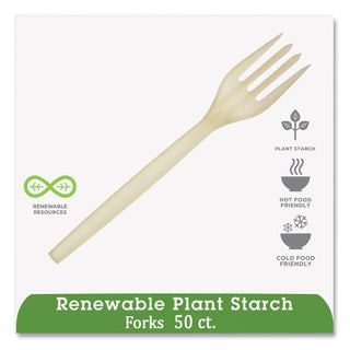 EcoSense Renewable Plant Starch Cutlery, Fork, 7", 50/Pack