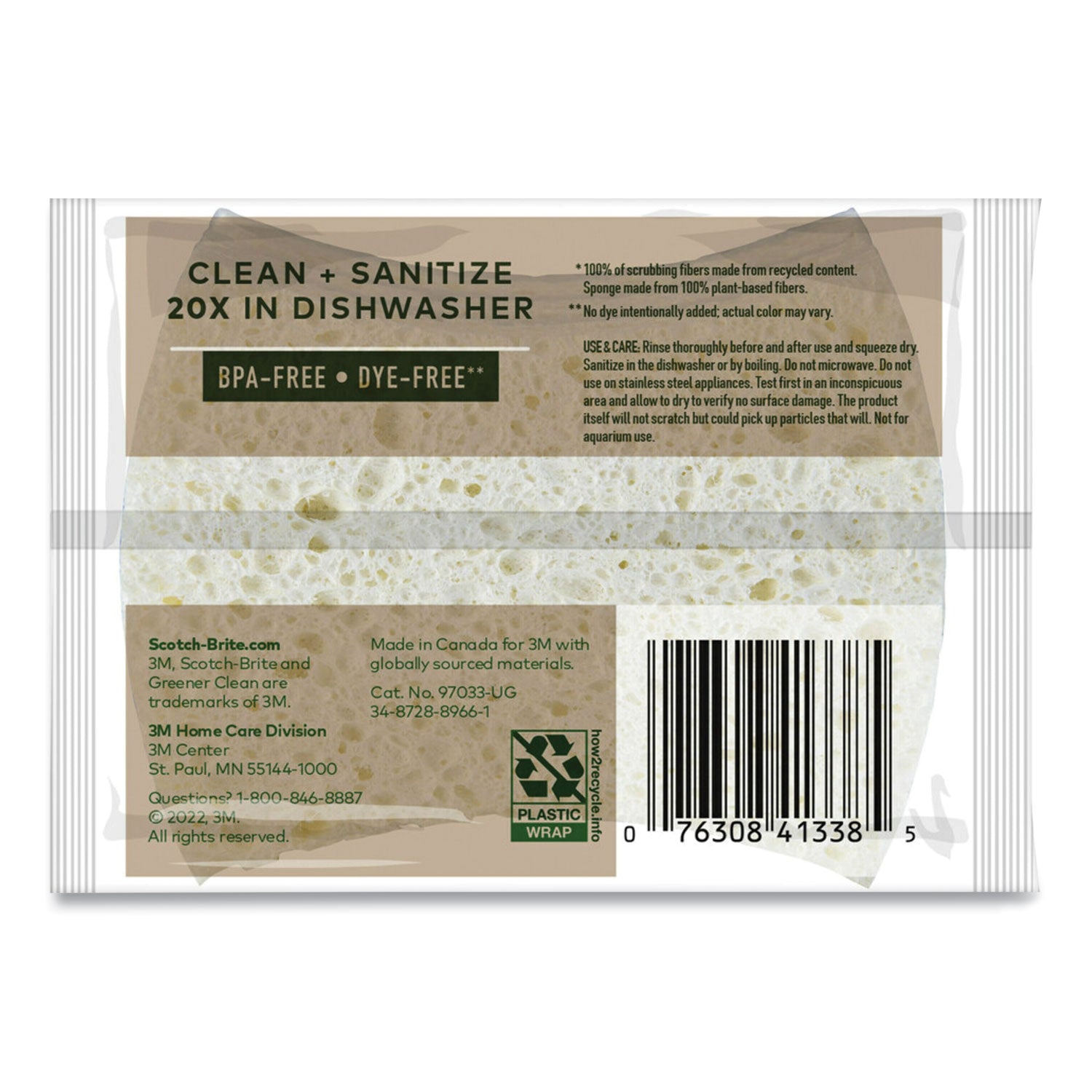 Greener Clean Non-Scratch Scrub Sponge, 2.6 x 3.3, 0.7" Thick, White, 3/Pack