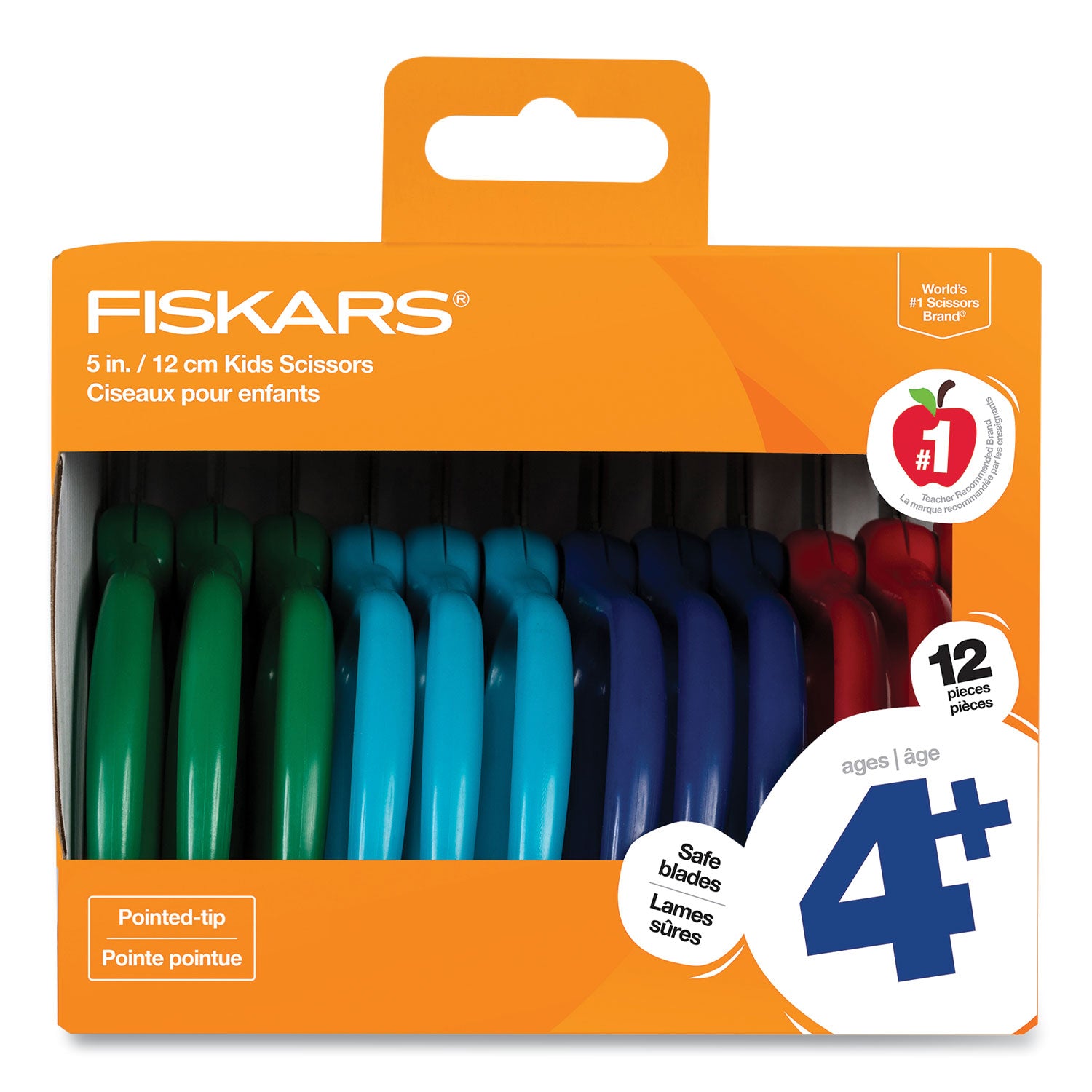 Kids Scissors, Pointed Tip, 5" Long, 1.75" Cut Length, Straight Handles, Assorted Colors, 12/Pack