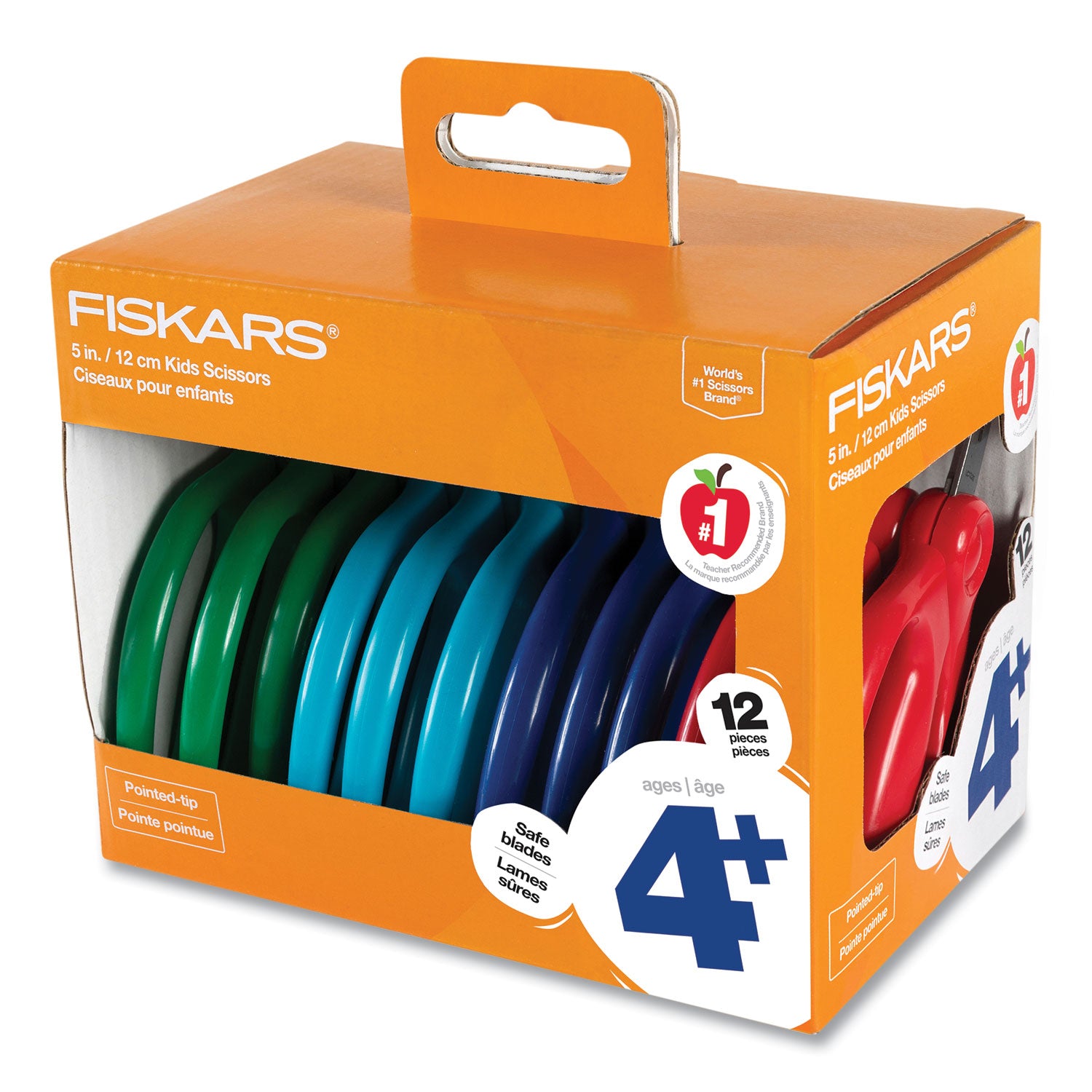 Kids Scissors, Pointed Tip, 5" Long, 1.75" Cut Length, Straight Handles, Assorted Colors, 12/Pack
