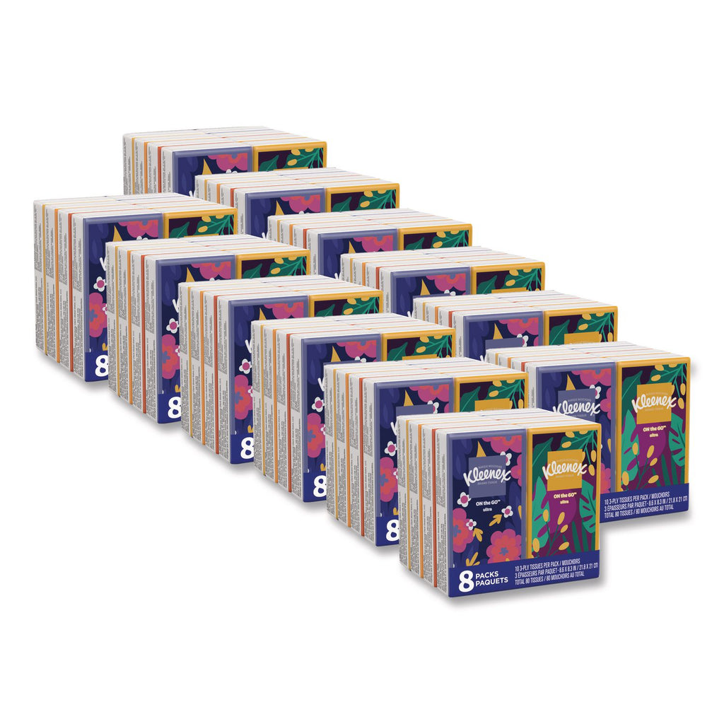 On The Go Packs Facial Tissues, 3-Ply, White, 10 Sheets/Pouch, 8 Pouches/Pack