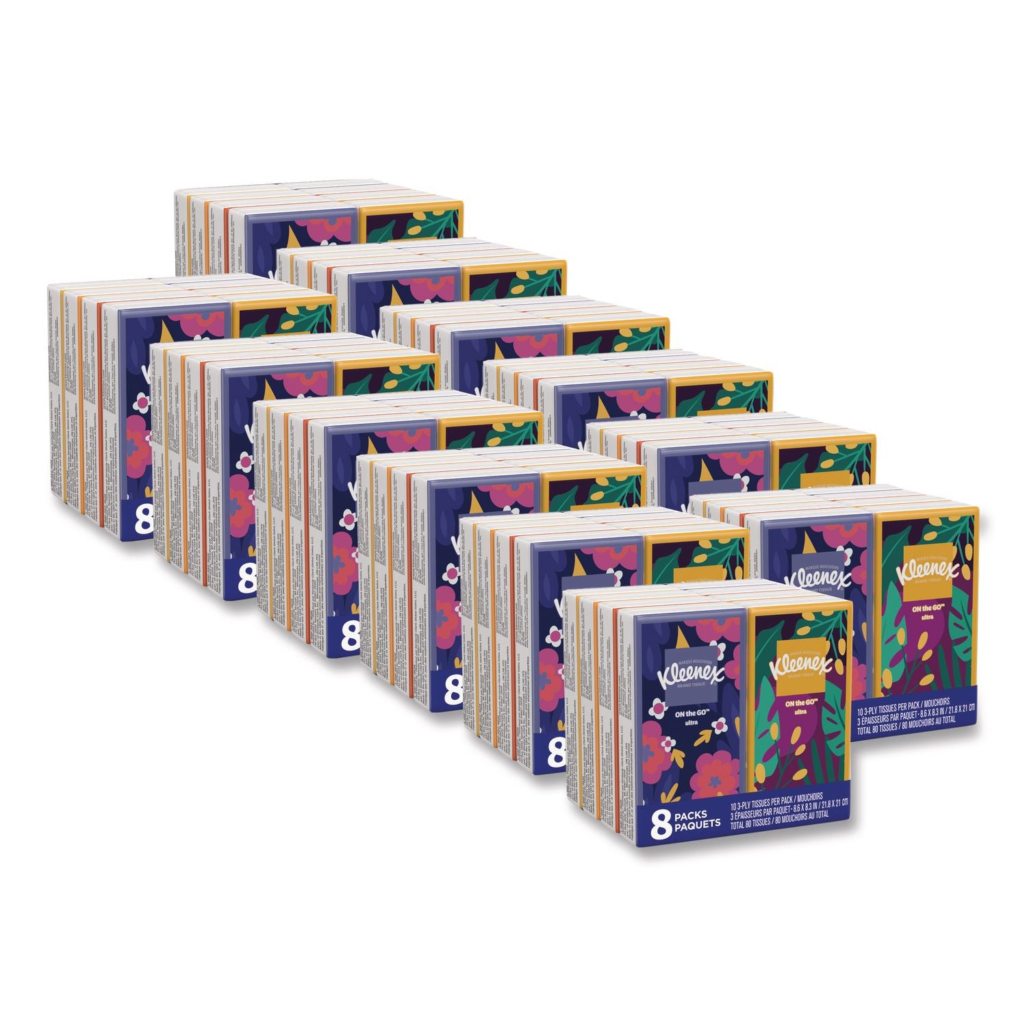 On The Go Packs Facial Tissues, 3-Ply, White, 10 Sheets/Pouch, 8 Pouches/Pack