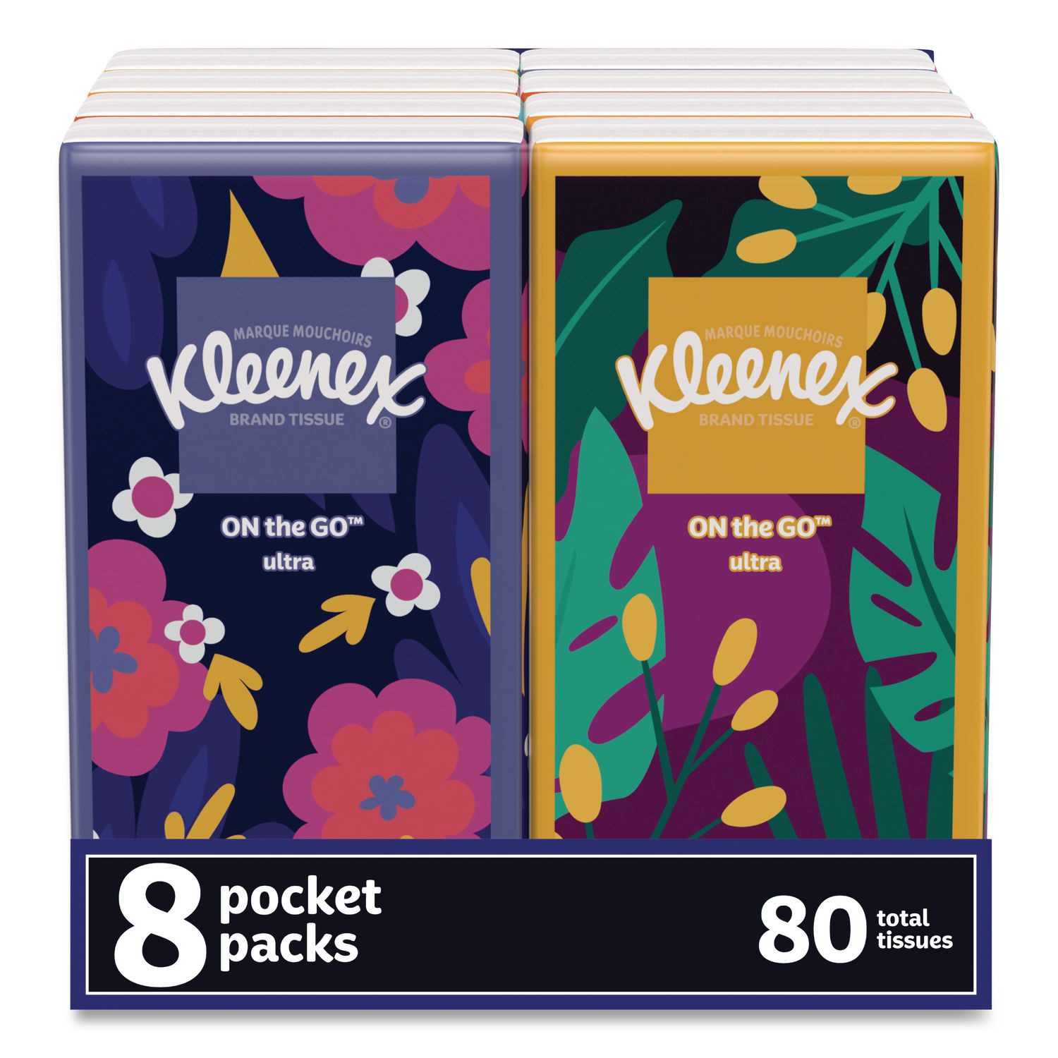 On The Go Packs Facial Tissues, 3-Ply, White, 10 Sheets/Pouch, 8 Pouches/Pack