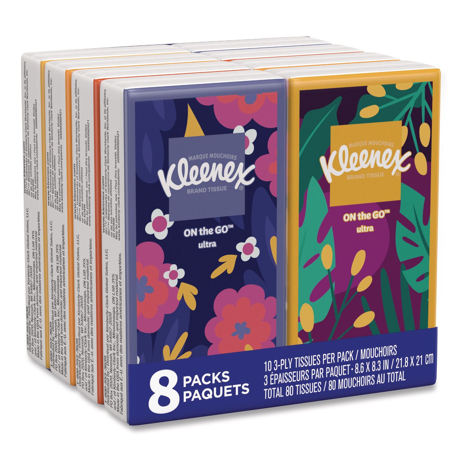 On The Go Packs Facial Tissues, 3-Ply, White, 10 Sheets/Pouch, 8 Pouches/Pack