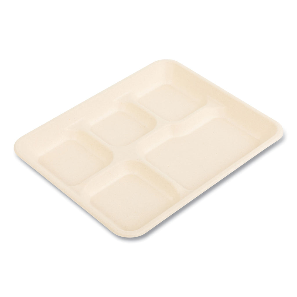 Bagasse PFAS-Free Food Tray, 5-Compartment, 8.26 x 0.98 x 10.9, Tan, Bamboo/Sugarcane, 500/Carton