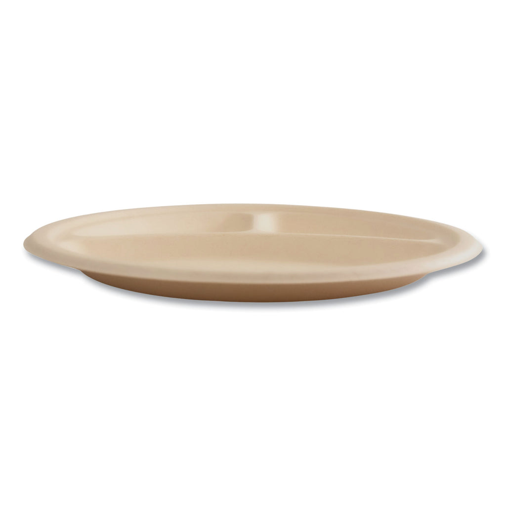 Bagasse PFAS-Free Dinnerware, Plate, 10" dia, 3-Compartment, Tan, 500/Carton