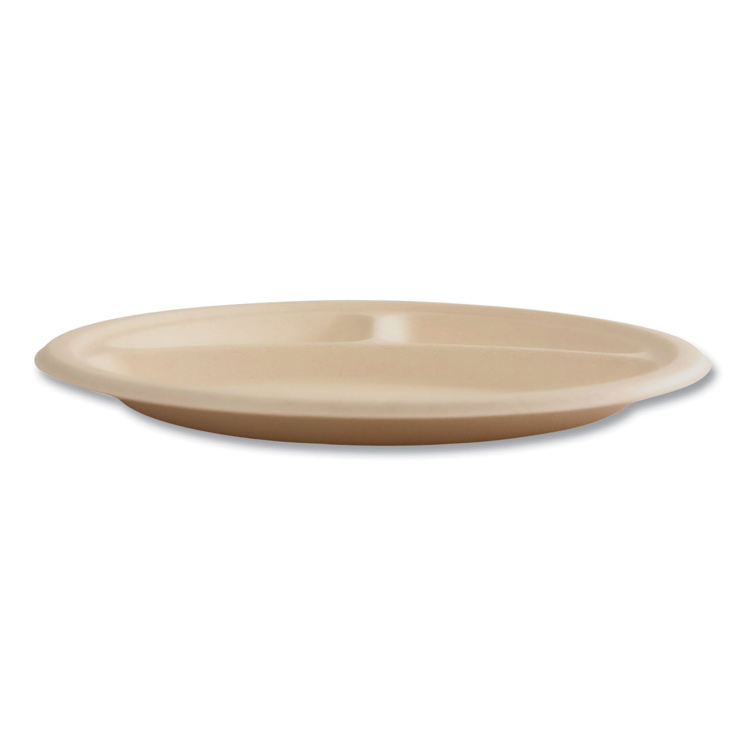 Bagasse PFAS-Free Dinnerware, Plate, 10" dia, 3-Compartment, Tan, 500/Carton