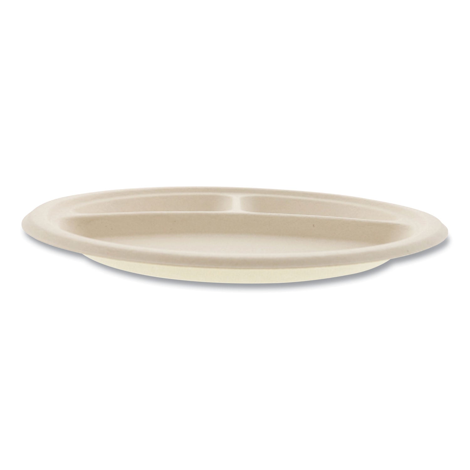 Bagasse PFAS-Free Dinnerware, Plate, 10" dia, 3-Compartment, Tan, 500/Carton