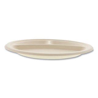 Bagasse PFAS-Free Dinnerware, Plate, 10" dia, 3-Compartment, Tan, 500/Carton