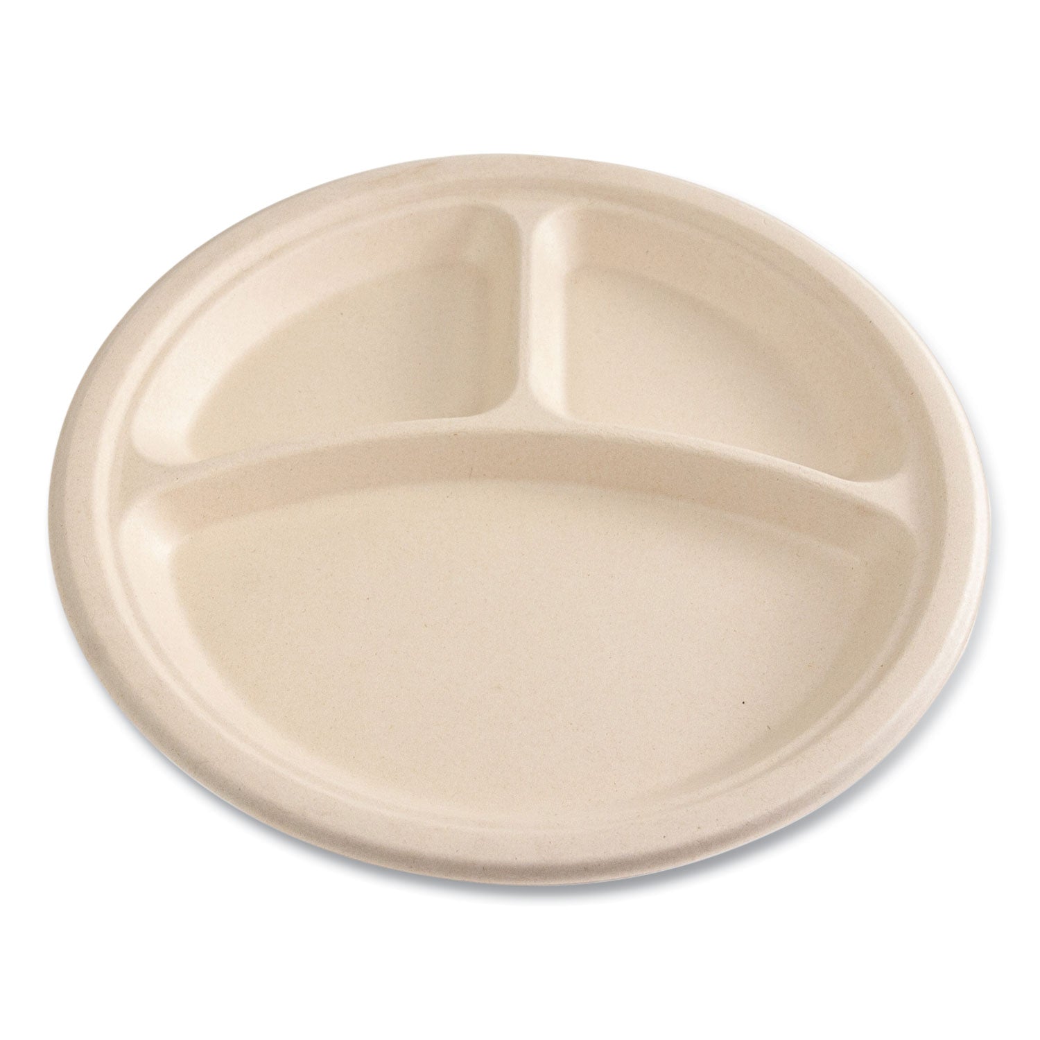 Bagasse PFAS-Free Dinnerware, Plate, 10" dia, 3-Compartment, Tan, 500/Carton