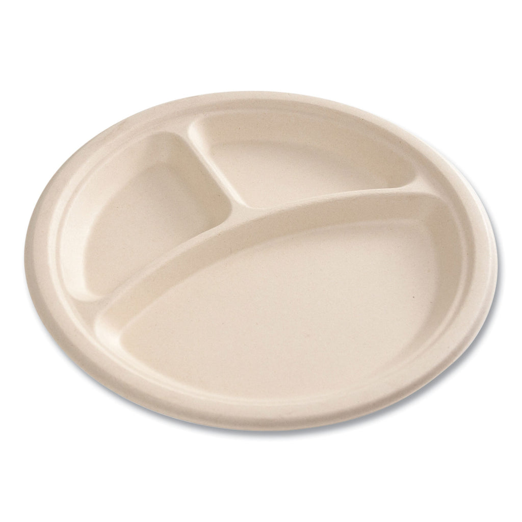 Bagasse PFAS-Free Dinnerware, Plate, 10" dia, 3-Compartment, Tan, 500/Carton