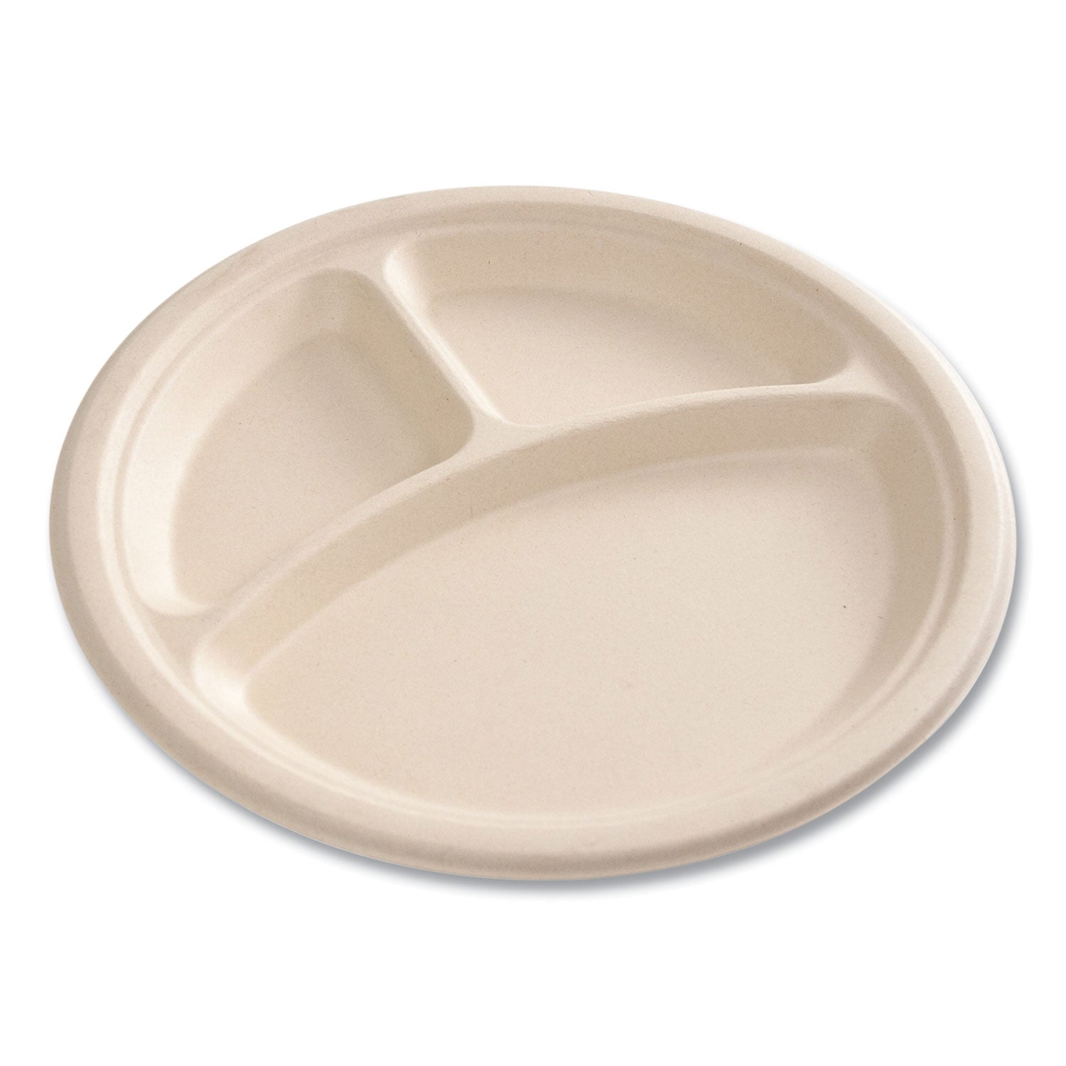 Bagasse PFAS-Free Dinnerware, Plate, 10" dia, 3-Compartment, Tan, 500/Carton