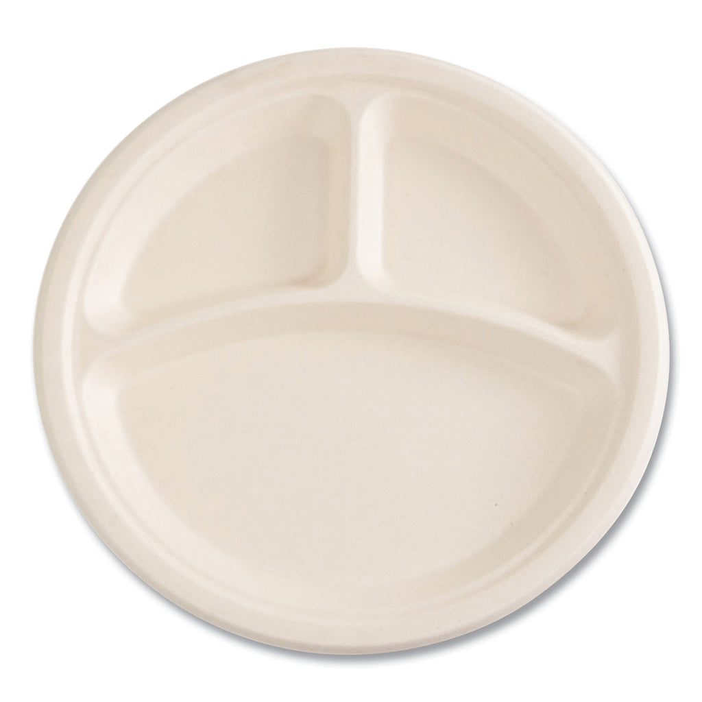Bagasse PFAS-Free Dinnerware, Plate, 10" dia, 3-Compartment, Tan, 500/Carton